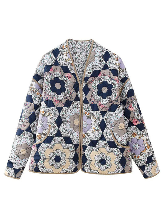 Women's Fashionable Flower Pattern Unbuttoned Reversible Quilted Jacket Print on any thing USA/STOD clothes