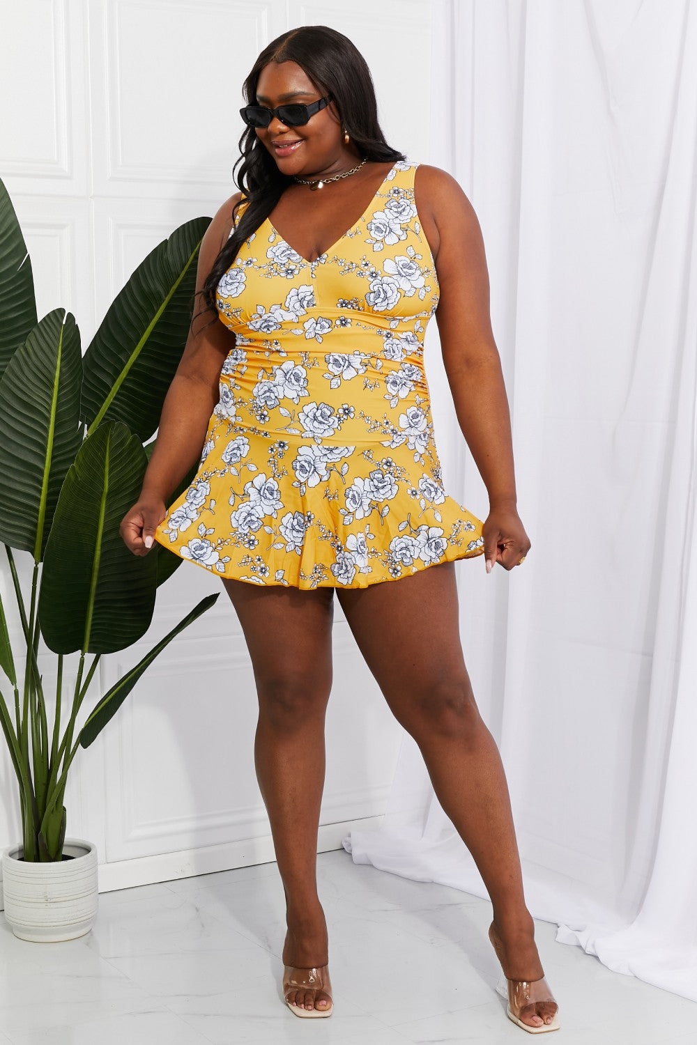 Marina West Swim Full Size Clear Waters Swim Dress in Mustard Print on any thing USA/STOD clothes