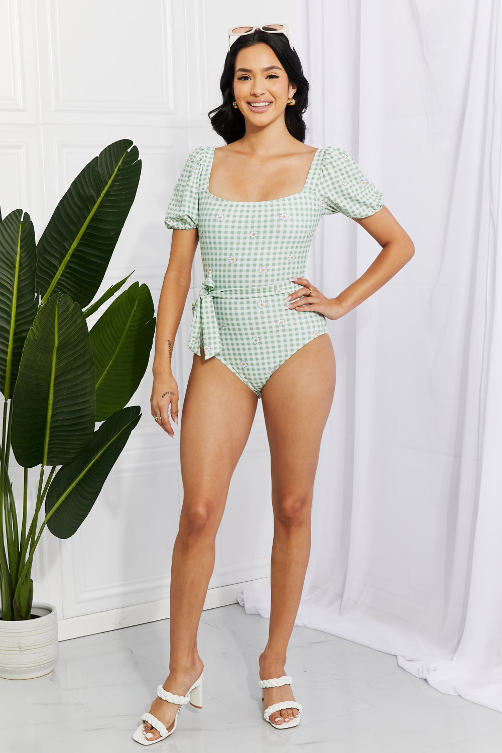 Marina West Swim Salty Air Puff Sleeve One-Piece in Sage Print on any thing USA/STOD clothes