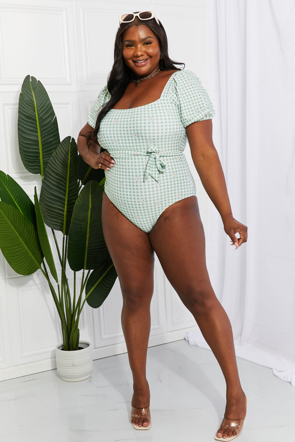 Marina West Swim Salty Air Puff Sleeve One-Piece in Sage Print on any thing USA/STOD clothes