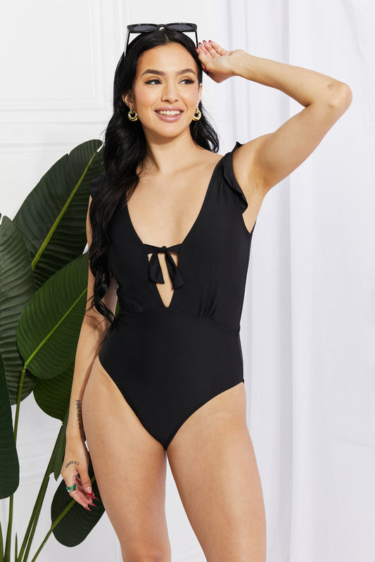 Marina West Swim Seashell Ruffle Sleeve One-Piece in Black Print on any thing USA/STOD clothes