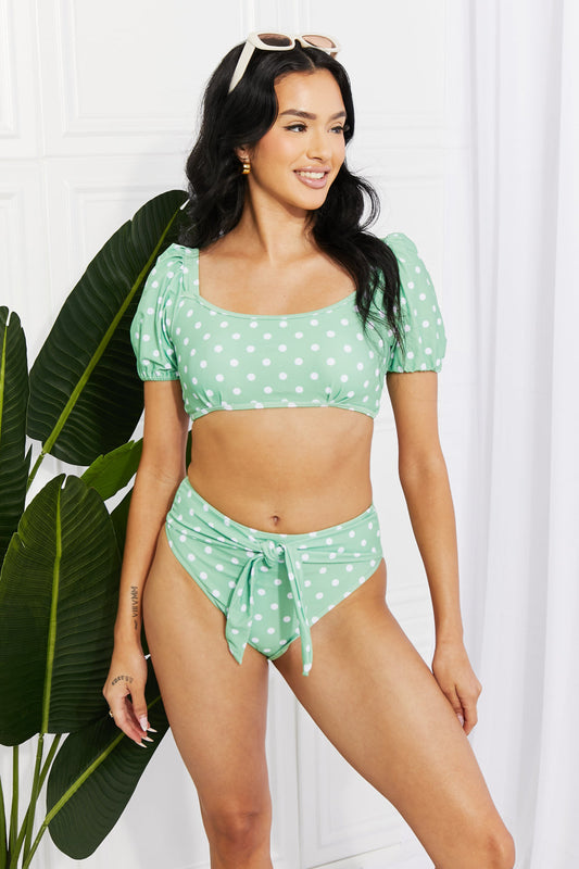 Marina West Swim Vacay Ready Puff Sleeve Bikini in Gum Leaf Print on any thing USA/STOD clothes