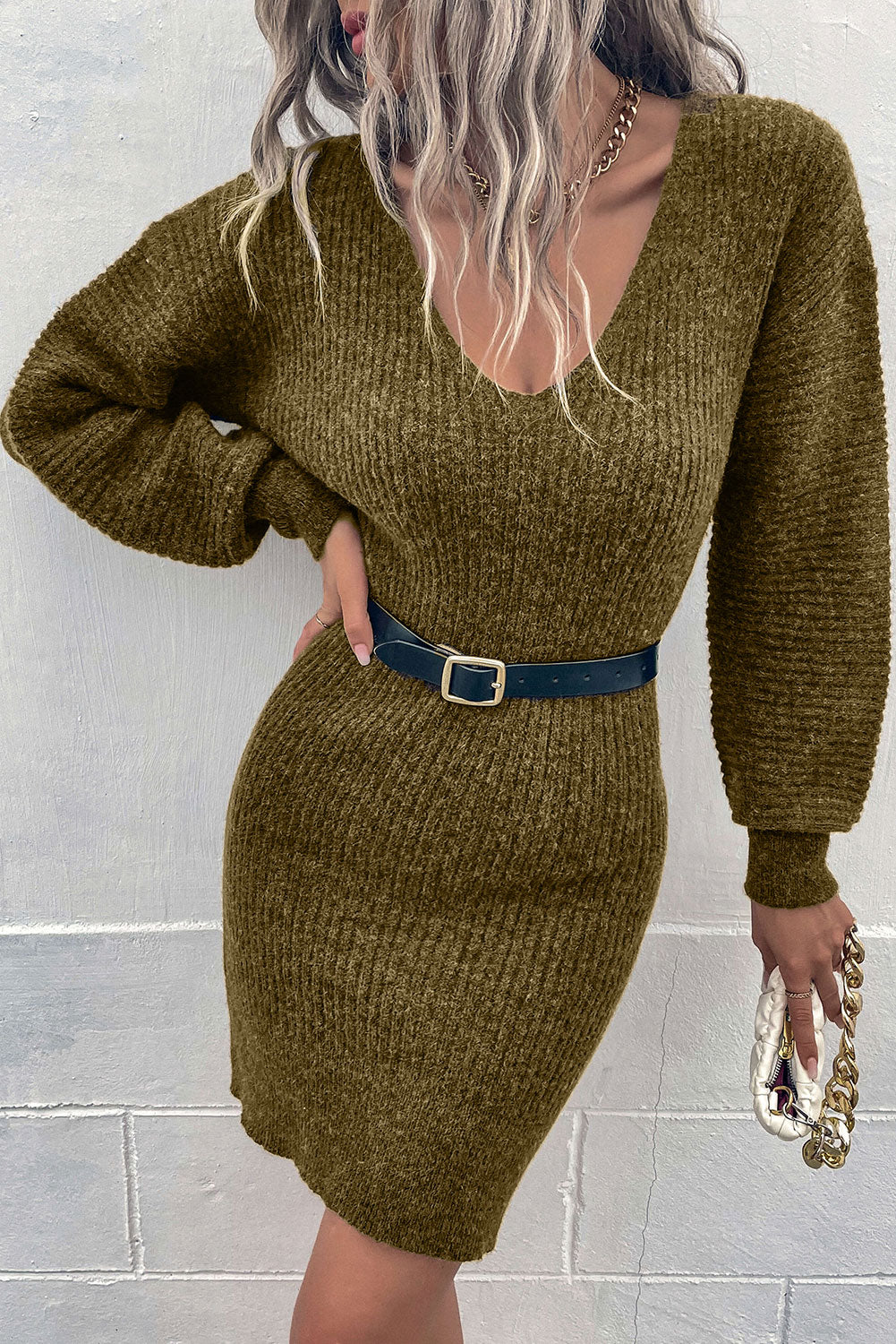Ribbed Long Sleeve Sweater Dress Print on any thing USA/STOD clothes