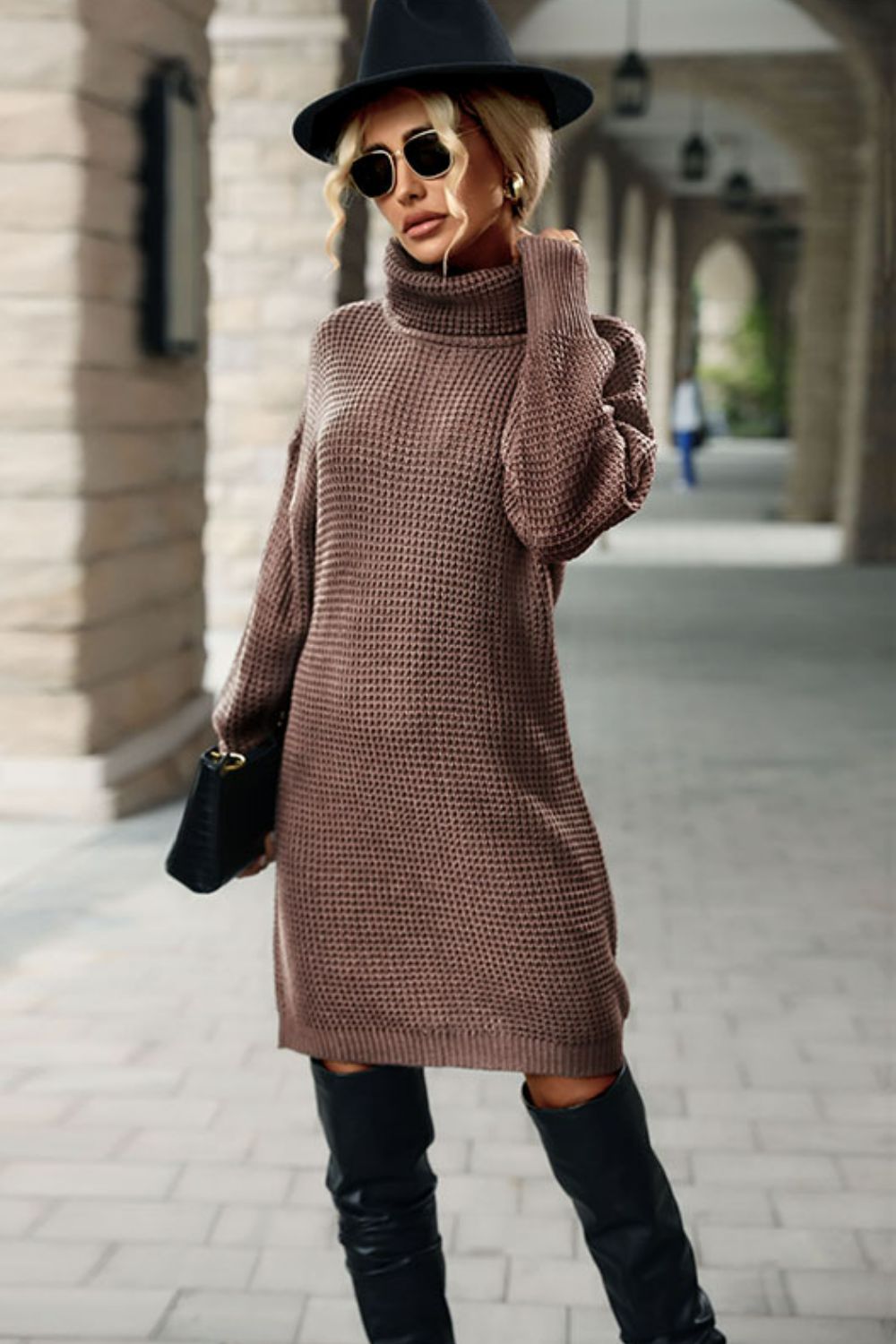 Turtleneck Dropped Shoulder Mini Sweater Dress Print on any thing USA/STOD clothes