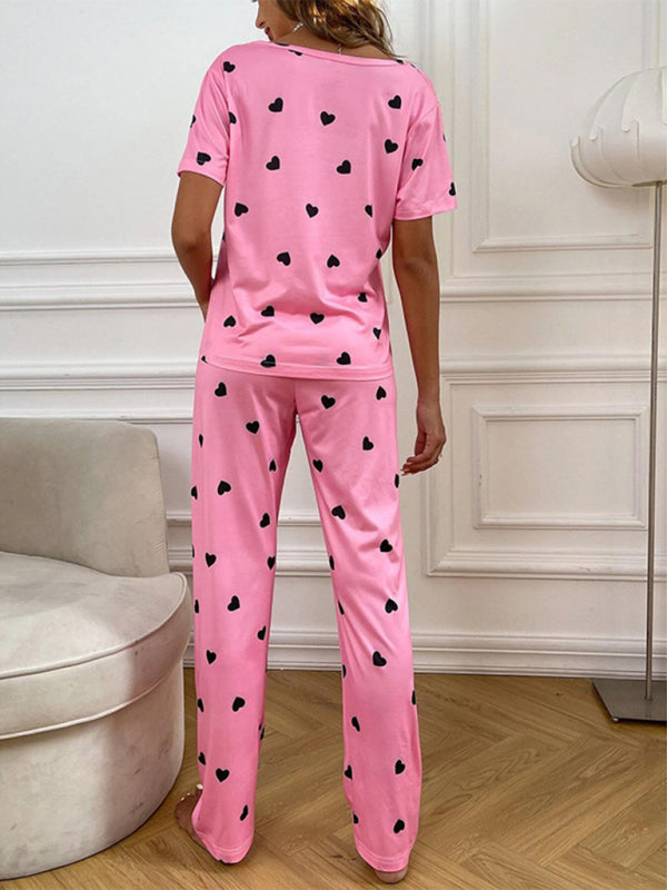 Women's heart print short-sleeved casual pajama set