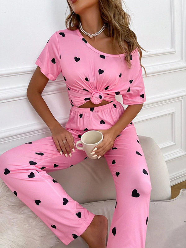 Women's heart print short-sleeved casual pajama set
