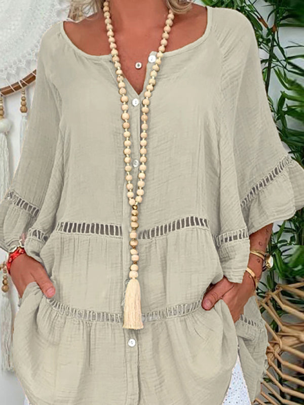 Women's 3/4 Sleeve Cotton V-Neck Loose Button Cutout Plus Size Dress