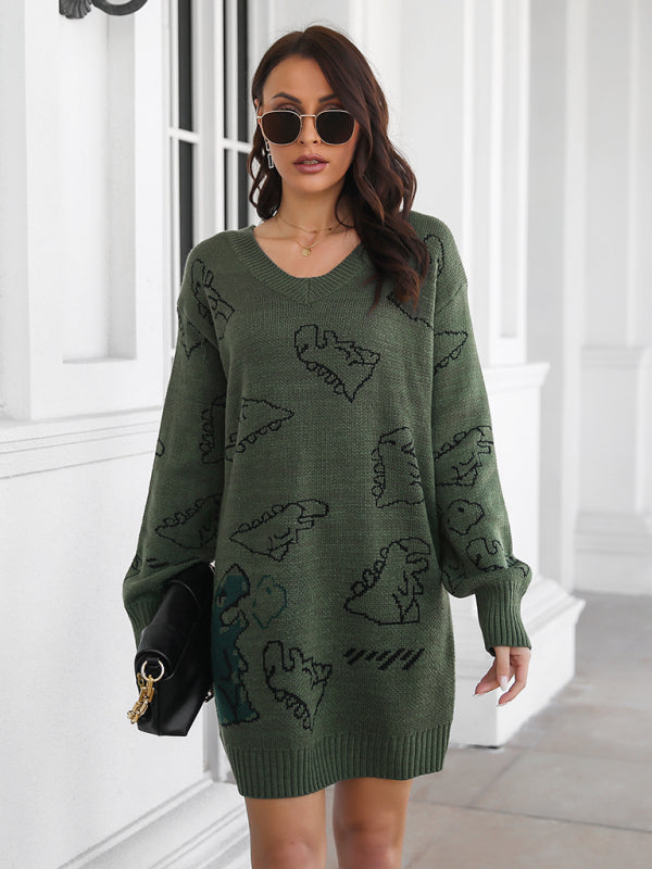 Women's dinosaur cartoon jacquard V-neck falling shoulder long sleeve knitted dress
