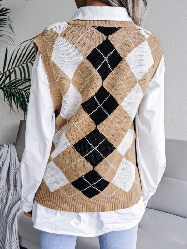 Women's diamond V-neck casual loose knit sweater vest