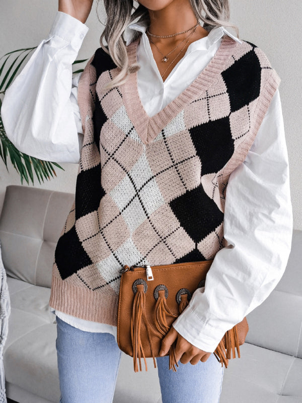 Women's diamond V-neck casual loose knit sweater vest