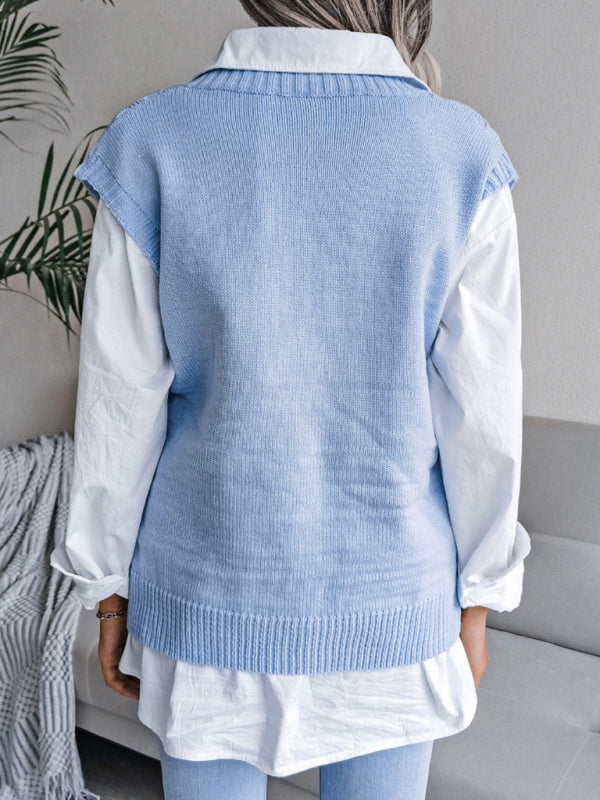 Women's V-neck hollow diamond casual knitting sweater vest