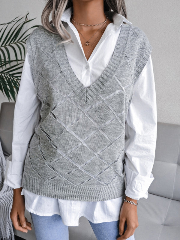 Women's V-neck hollow diamond casual knitting sweater vest