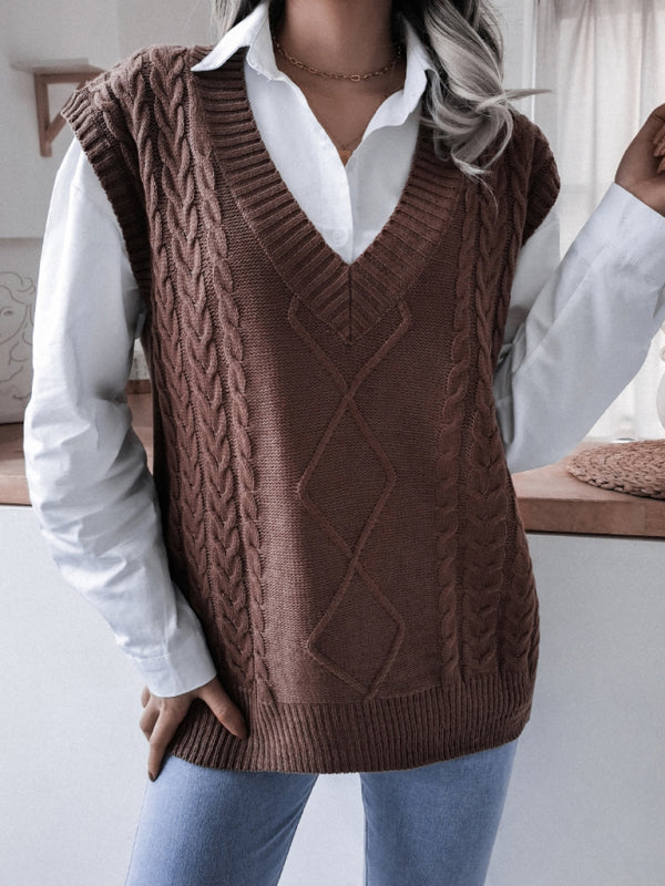 Women's V-neck fried dough twist casual loose knit sweater vest