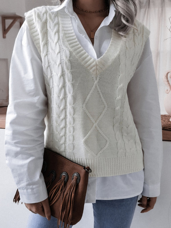Women's V-neck fried dough twist casual loose knit sweater vest