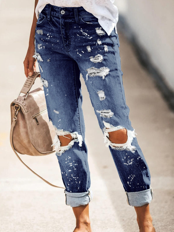 Stretch washed ripped straight-leg street style jeans