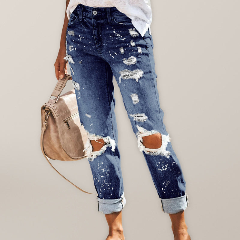 Stretch washed ripped straight-leg street style jeans