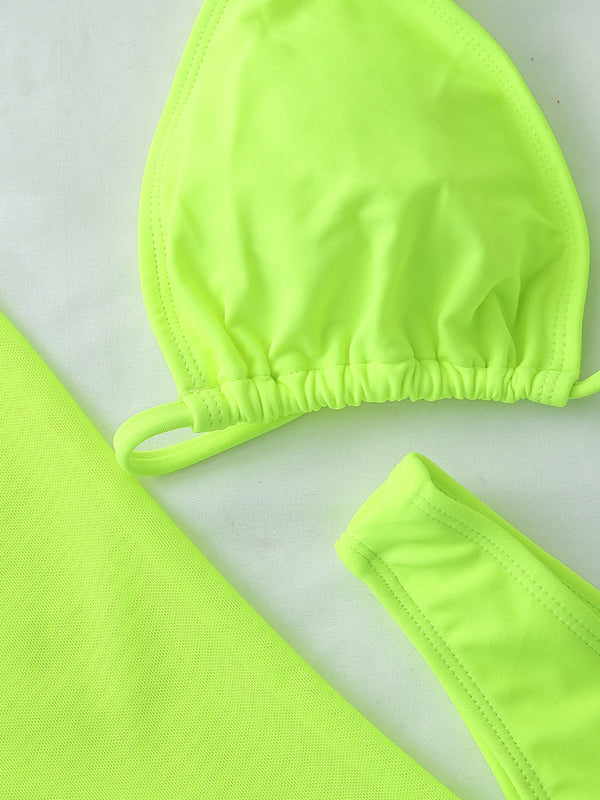 Women's Solid Color Lace Up High Waist Bikini Three-Piece Set