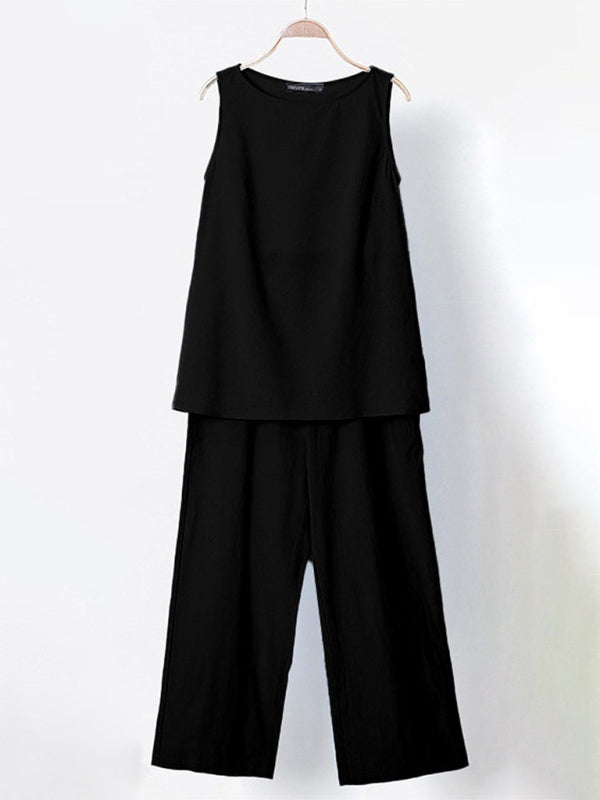 Women's Solid Color Cotton Linen Sleeveless Top + Wide-leg Pants Two-Piece Set