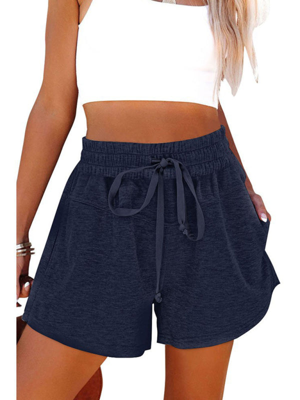 Lace-Up Casual Pocket Solid Color Ladies Sweat Shorts
