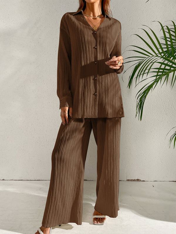 Women Lapel Collar Loose Cardigan Casual Long Sleeve Set