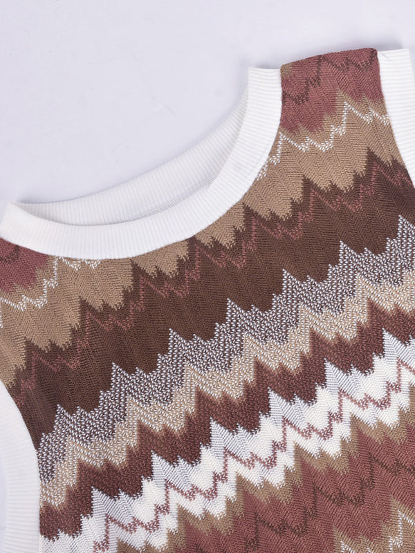 Geometric wave slim sleeveless knitted sweater dress