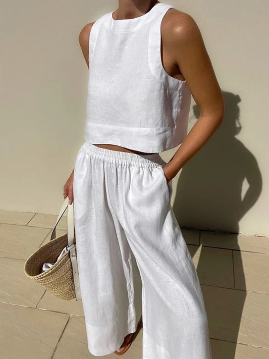 Casual loose solid color sleeveless shirt trousers two-piece set