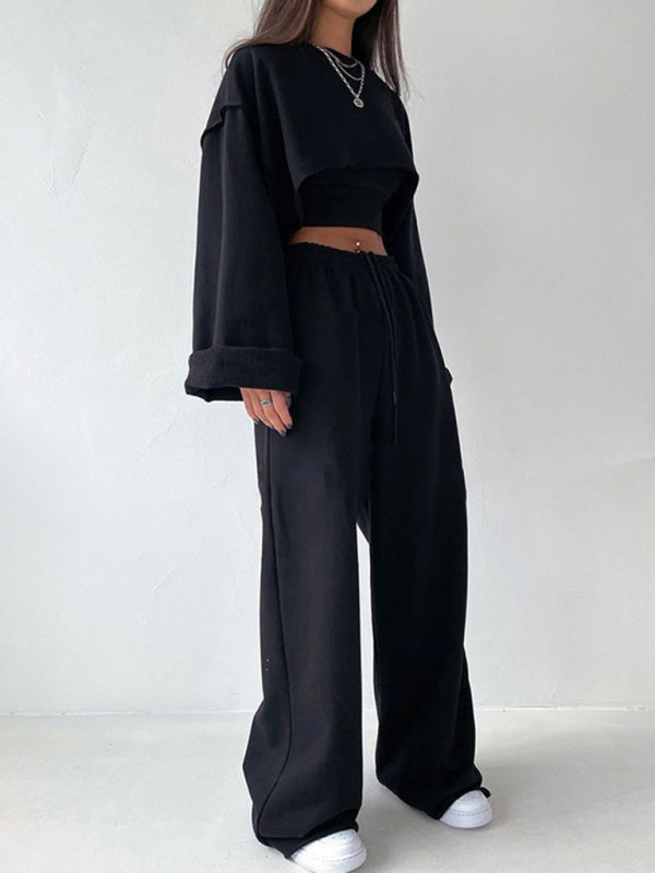 Pullover long-sleeved navel sweater + suspender straight-leg wide-leg pants three-piece set