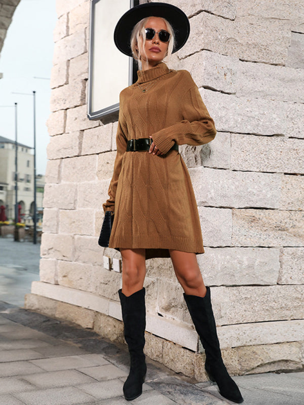 Mid-high collar solid color sweater dress (belt not included)