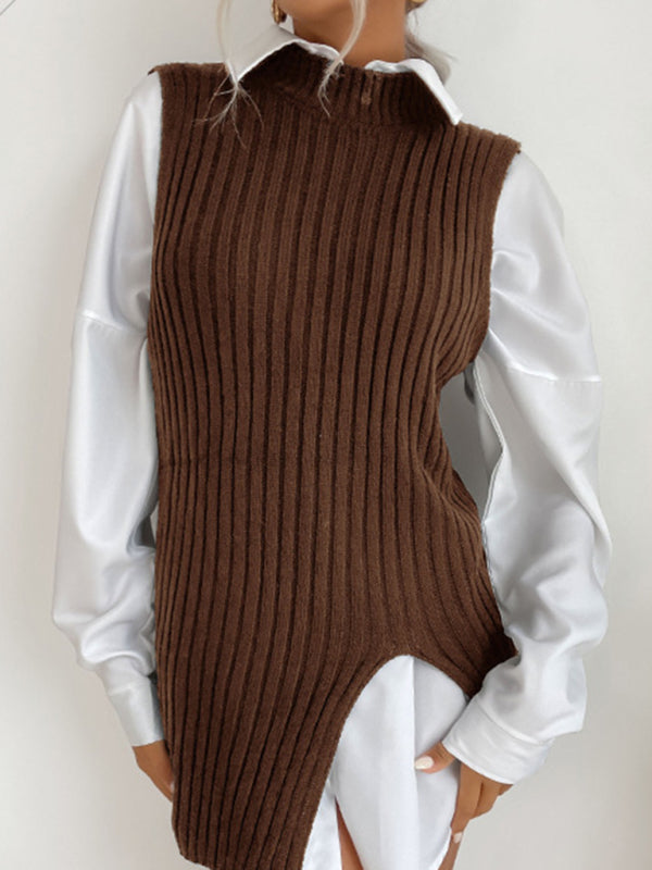 Women's Slit Solid Color Mid-Length Sweater Vest