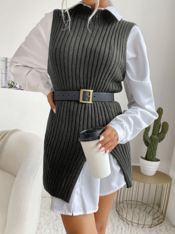 Women's Slit Solid Color Mid-Length Sweater Vest