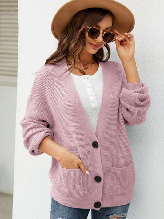 Loose solid color knitted cardigan with elegant V-neck