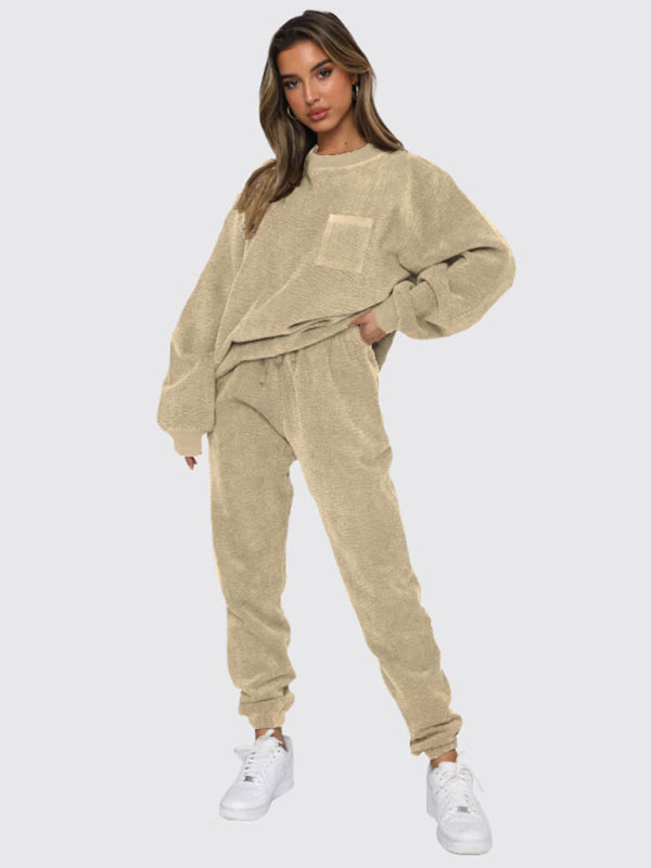 Women's Corduroy Solid Color Round Neck Pullover Long Sleeve Pants Two-piece Set