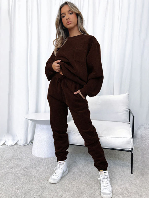 Women's Corduroy Solid Color Round Neck Pullover Long Sleeve Pants Two-piece Set