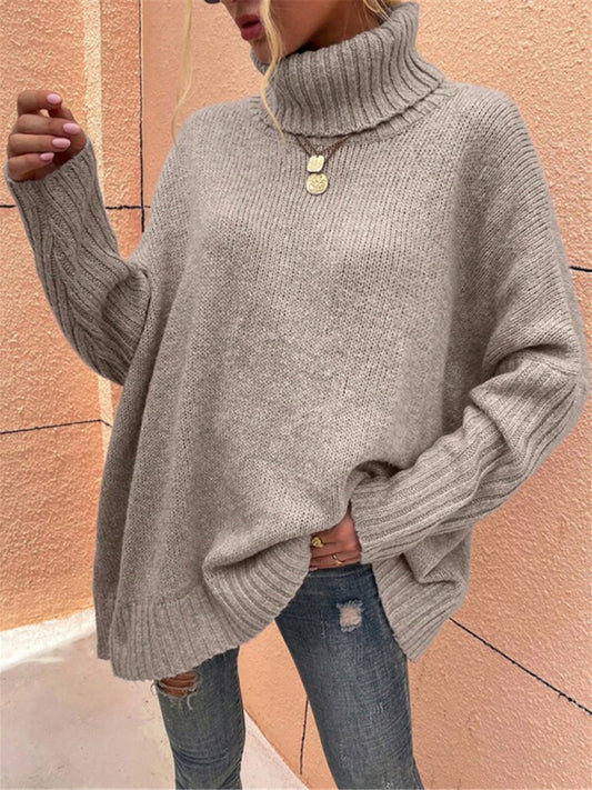 Loose solid color turtleneck bat sleeve pullover knitted sweater