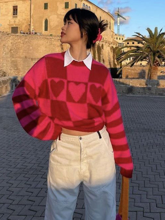 Loose rose red checkerboard love long-sleeved knitted sweater