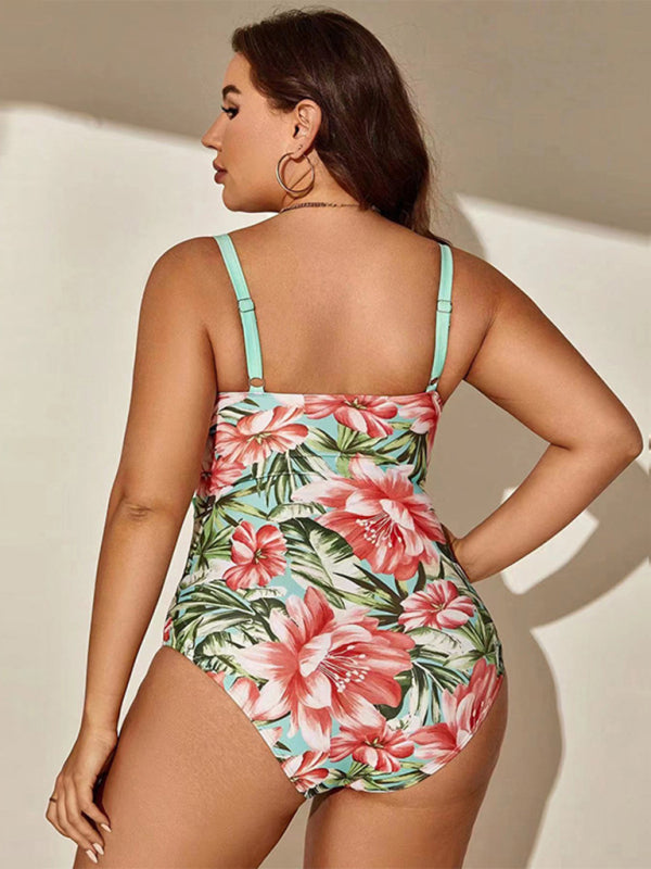 Large size printed hip-covering strappy one-piece swimsuit