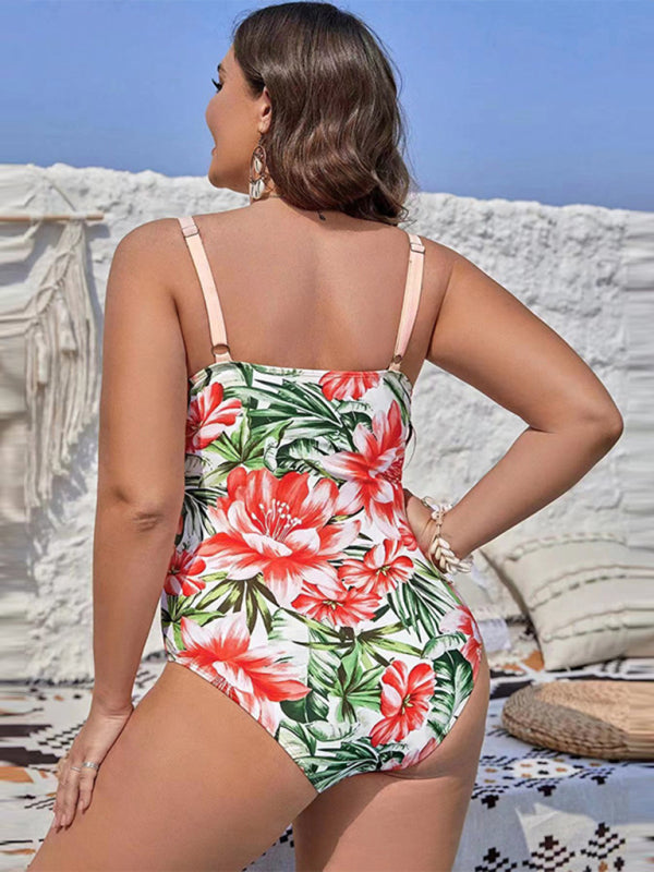Large size printed hip-covering strappy one-piece swimsuit