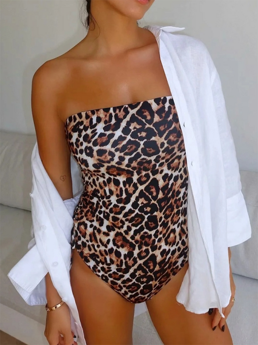 Women's Animal Print Slim Fit Bandeau One-piece Swimsuit