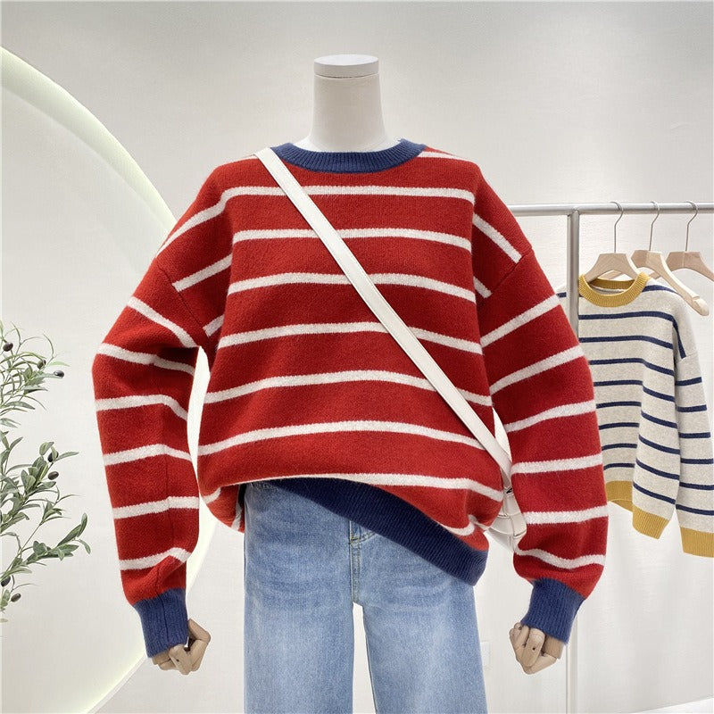 Autumn And Winter New Ladies Loose Collision Color Round Neck Knitted Tunic Simple Striped Pullover Sweater Print on any thing USA/STOD clothes