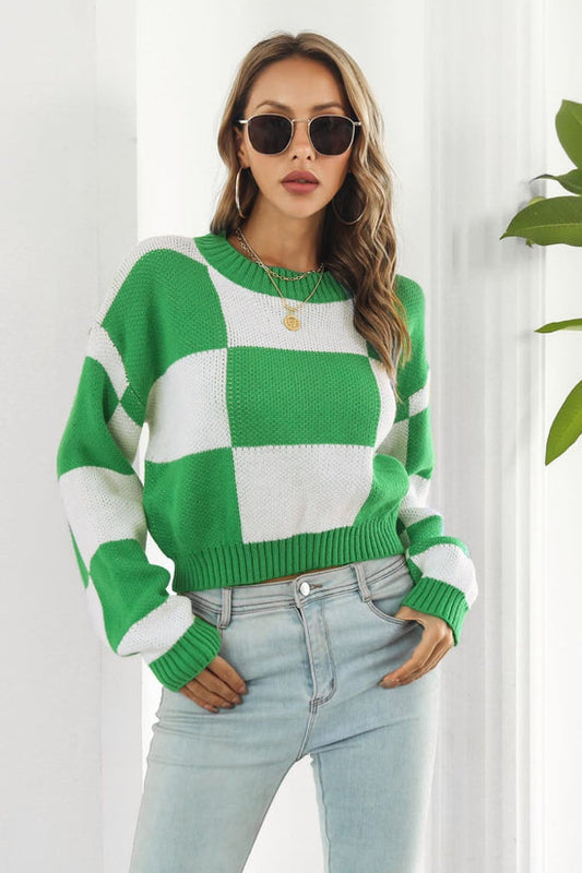 Color Block Round Neck Dropped Shoulder Sweater Print on any thing USA/STOD clothes