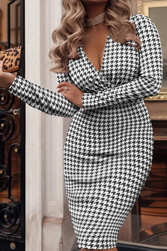 Plus Size Houndstooth Surplice Neck Long Sleeve Pencil Dress Print on any thing USA/STOD clothes