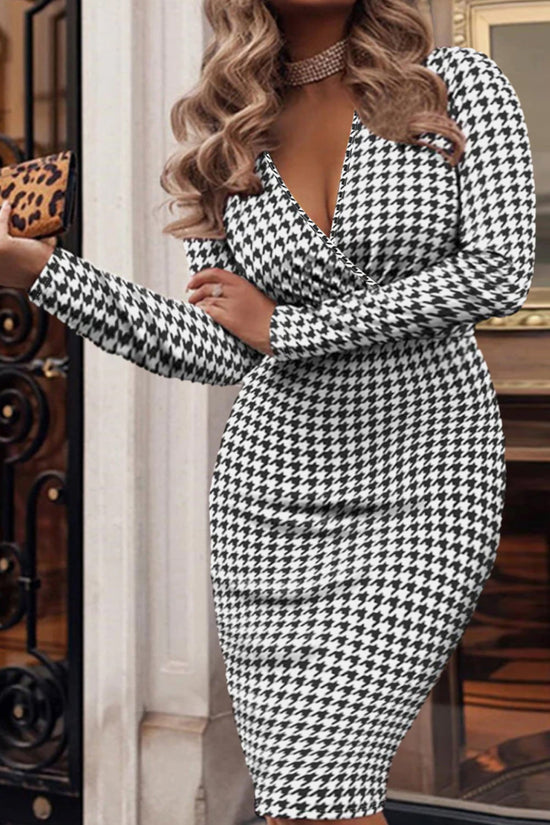 Plus Size Houndstooth Surplice Neck Long Sleeve Pencil Dress Print on any thing USA/STOD clothes
