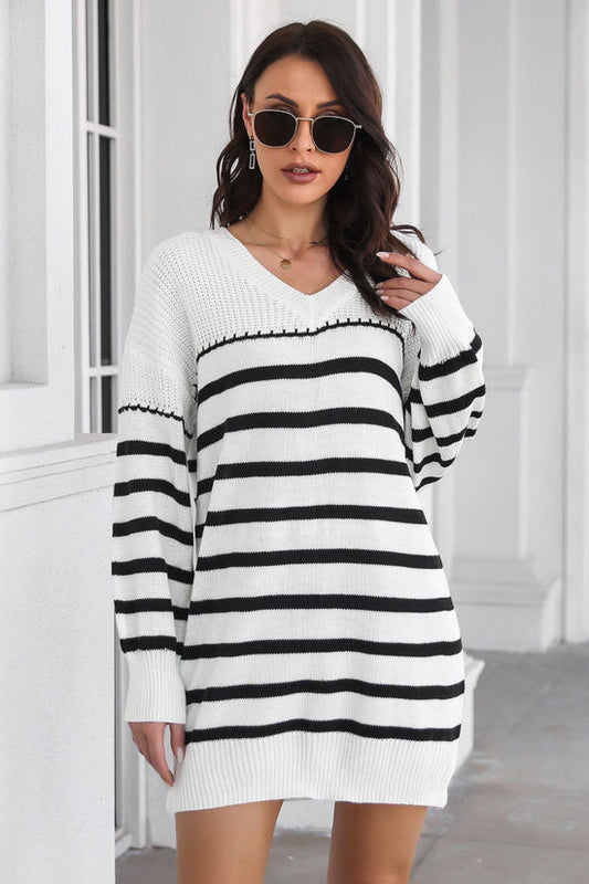 Striped V-Neck Drop Shulder Sweater Dress Print on any thing USA/STOD clothes
