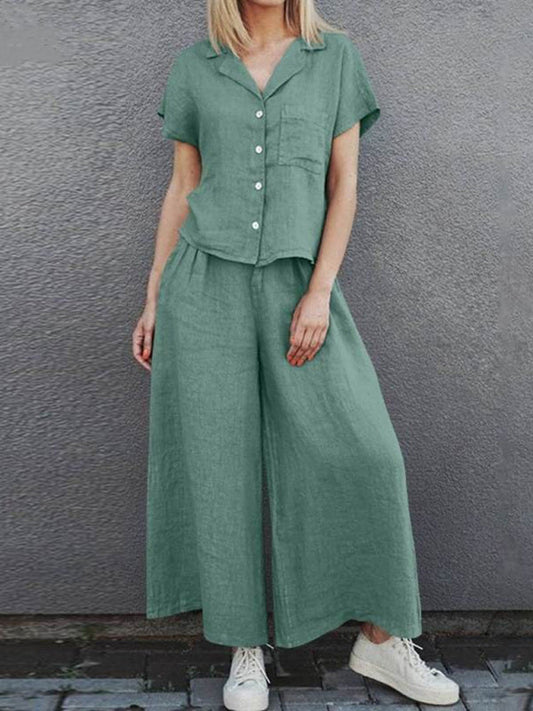 Wide-Leg Lapel Short-Sleeved Shirt Solid Color Suit Retro Cotton High Waist Loose Print on any thing USA/STOD clothes