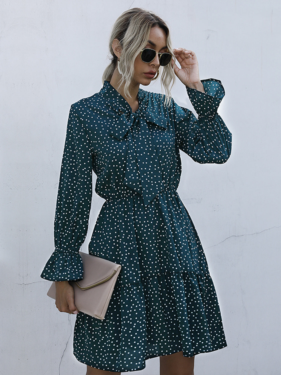 Perfee Polka Dot Tie Neck Long Sleeve Dress