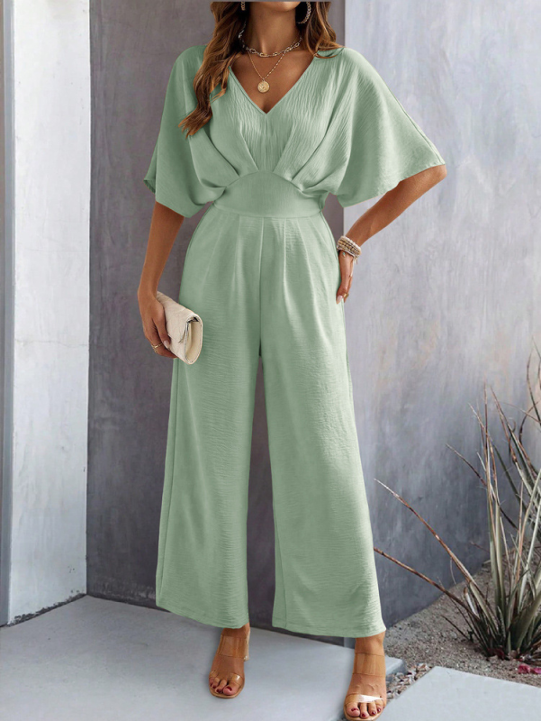 Women's short-sleeved solid color casual wide-leg jumpsuit