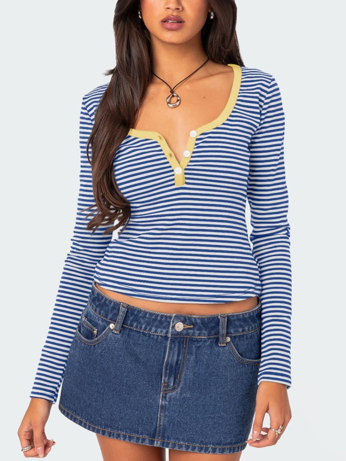 Buttoned Striped Long Sleeve T-Shirt