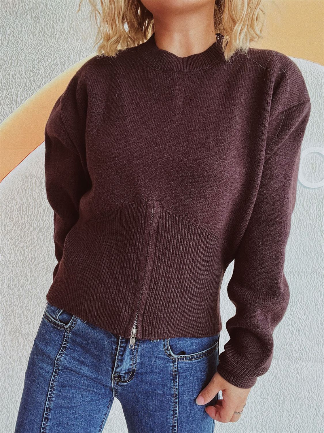 Round Neck Half Zip Long Sleeve Sweater