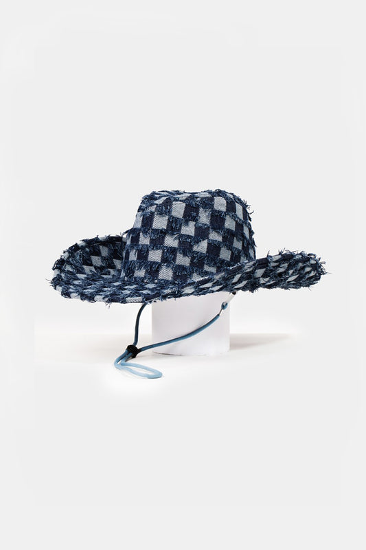 Fame Checkered Fringe Denim Cowboy Hat