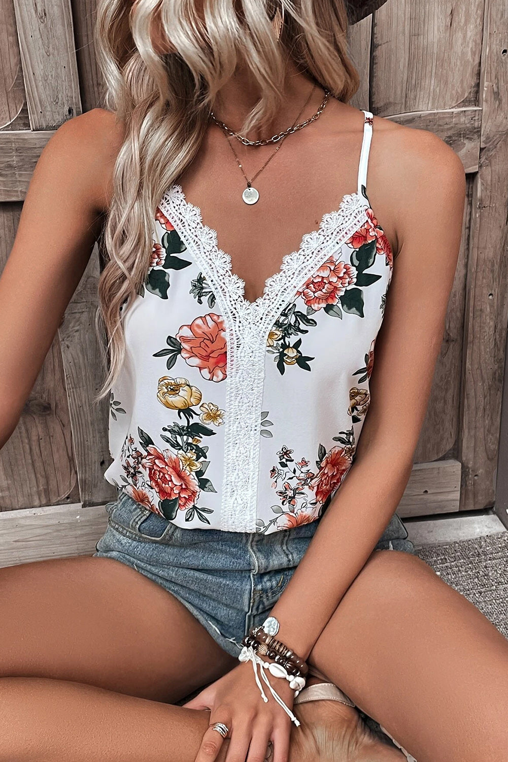 Lace Detail Printed V-Neck Cami